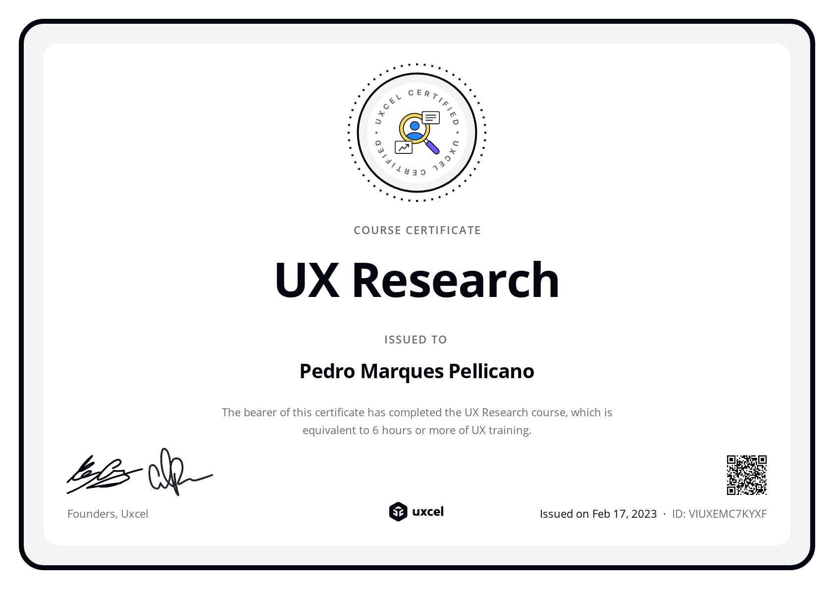 Pedro Marques Pellicano's certificate
